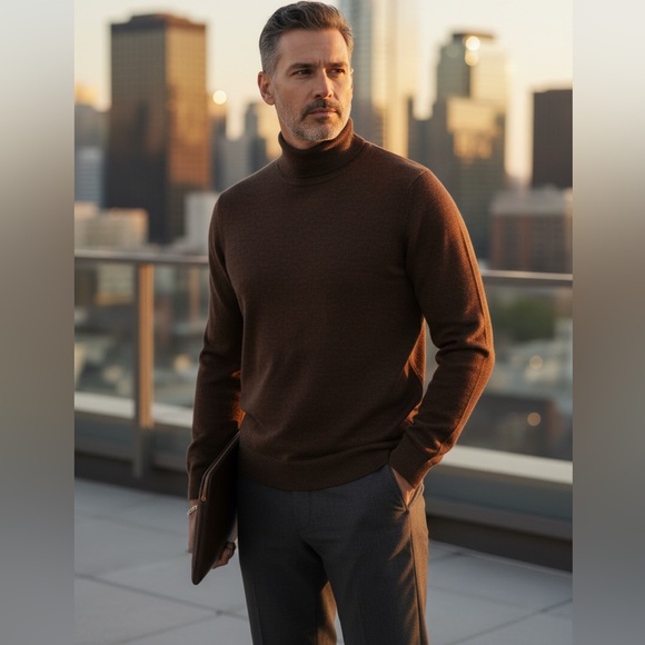 NWT JOHN VARVATOS Artisan Turtleneck Sweater – Reverse Print Brown Sz L - Picture 4 of 17